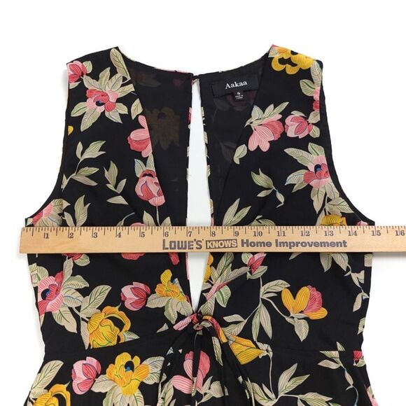 AAKAA Plunge Front Cutout Fit and Flare Mini Dress in Black Floral Womens Small - Picture 3 of 10